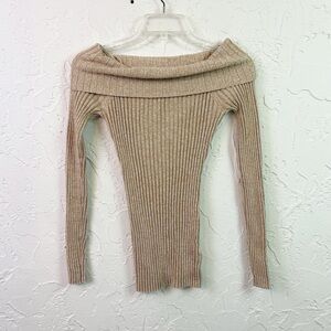 Vintage Y2K Tan Beige Ribbed Stretchy Off The Shoulder Sweater Knit Top Small